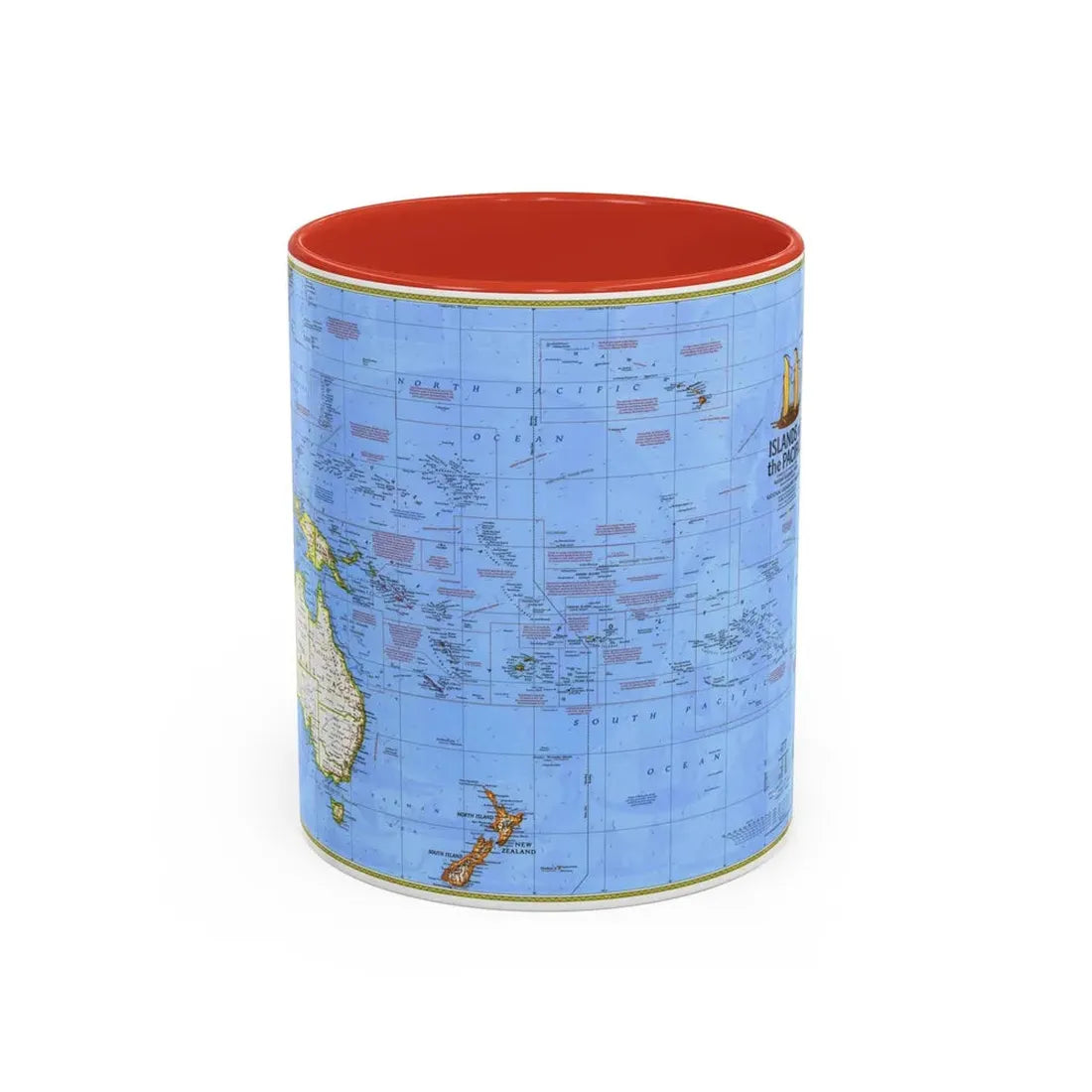 Pacific - Islands of the (1974) (Map) Accent Coffee Mug 11oz Red - Go Mug Yourself
