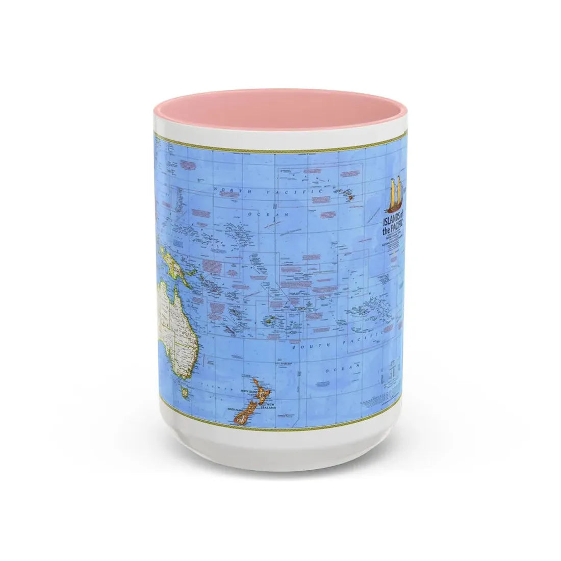 Pacific - Islands of the (1974) (Map) Accent Coffee Mug 15oz Pink - Go Mug Yourself