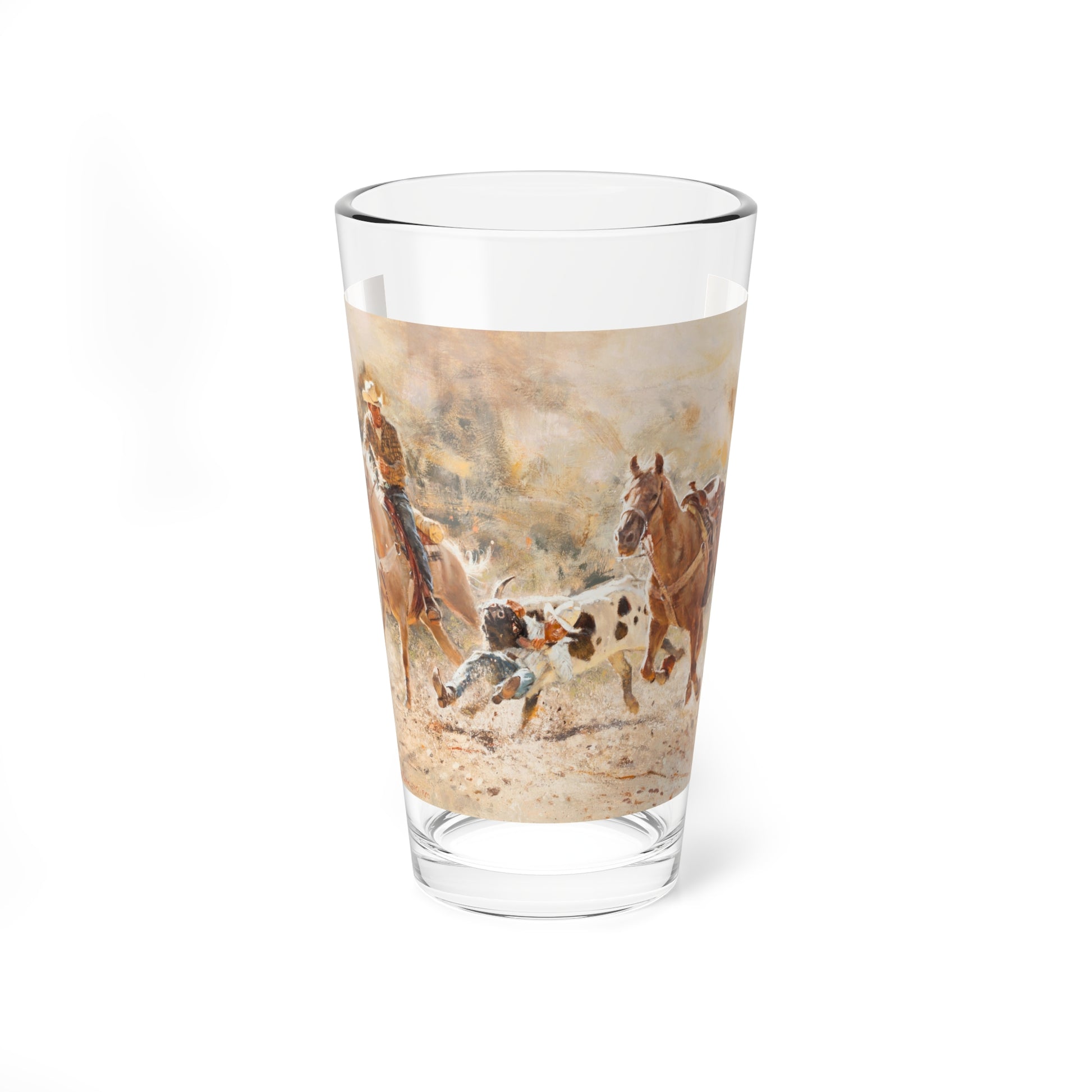 Painting Depicting Cowboy Wrestling Steer, Bull Doggin', 1980 (Magazine Illustration) Pint Glass 16oz-16oz-Go Mug Yourself