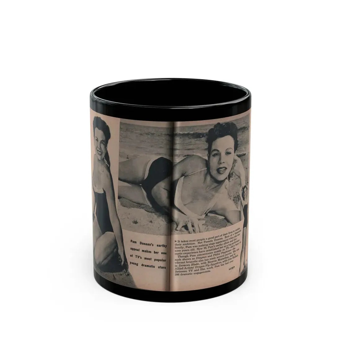 Pamela Duncan #25 - PHOTO Digest Mag. March '55 - 3 B&W Photos & Article (Vintage Female Icon) Black Coffee Mug 11oz - Go Mug Yourself