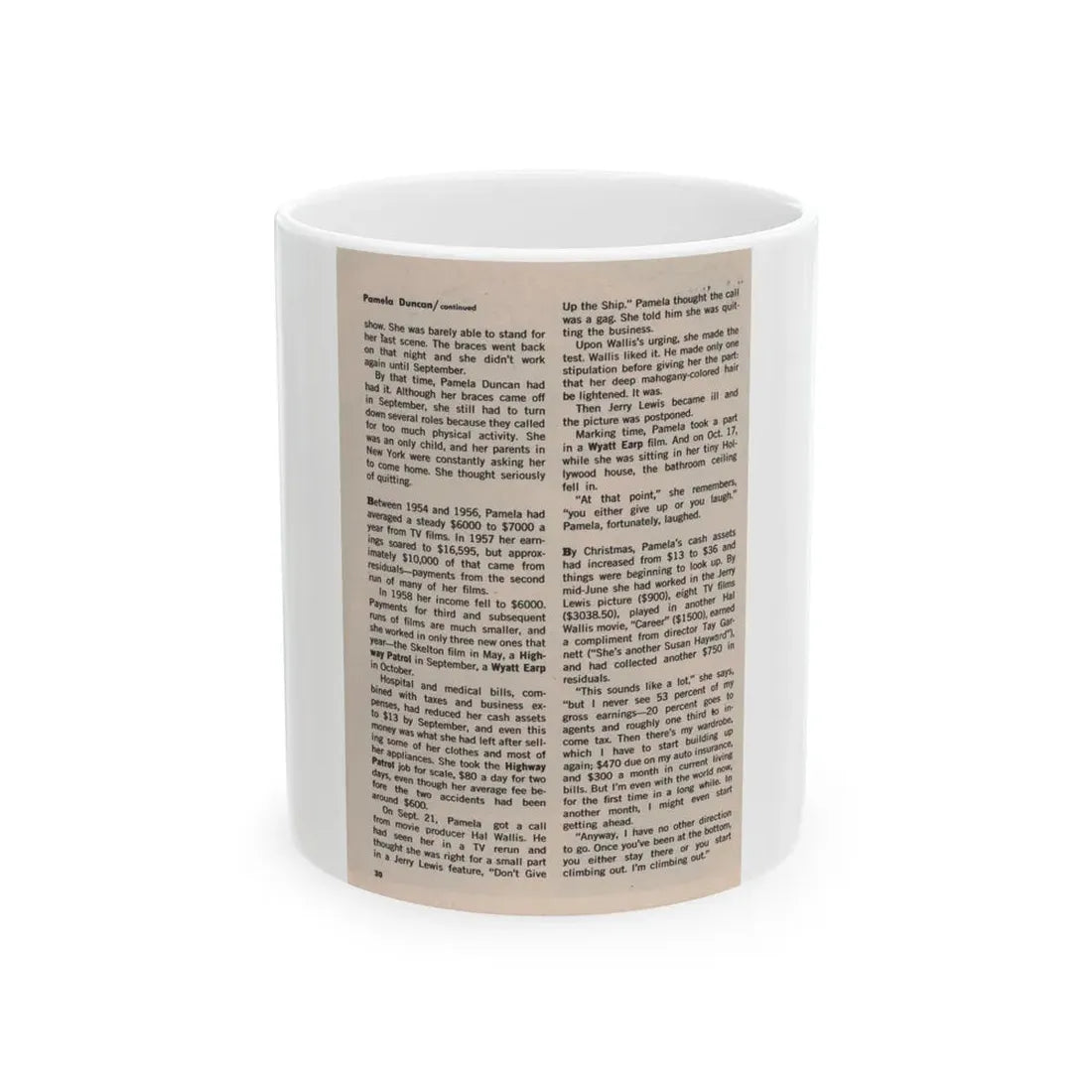 Pamela Duncan #38 - 5x7 Artricle continued no photo (Vintage Female Icon) White Coffee Mug 11oz - Go Mug Yourself