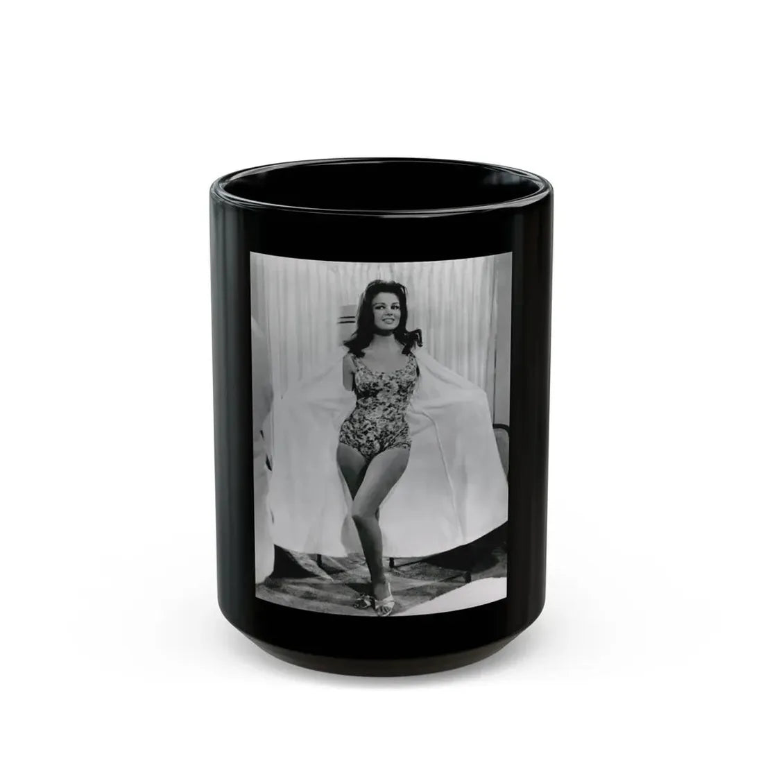 Pamela Tiffin #55 - 8x10 B&W Full Body 1 Piece Swimsuit Cheesecake Photo Hi-Res Re-Print (Vintage Female Icon) Black Coffee Mug 15oz - Go Mug Yourself