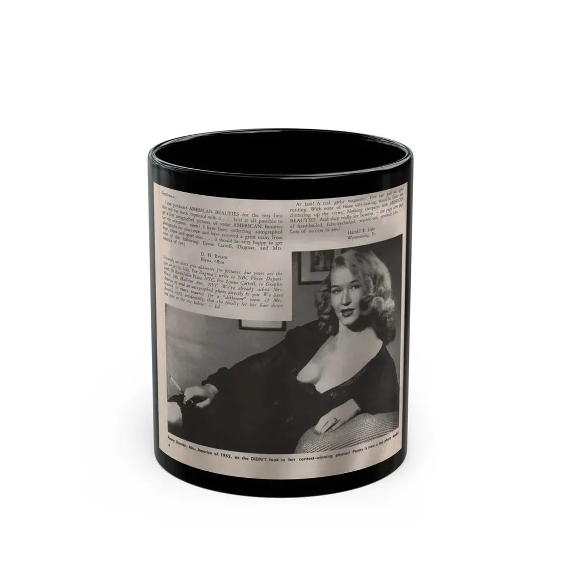 Penny Duncan #09 - [Page 4] American Beauties '53 - 1 Page with, Penny+1 B&W Photo & Article (Vintage Female Icon) Black Coffee Mug 11oz - Go Mug Yourself