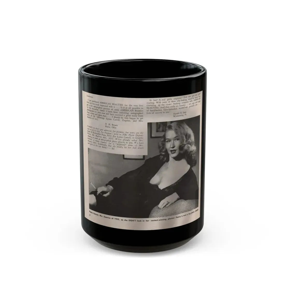 Penny Duncan #09 - [Page 4] American Beauties '53 - 1 Page with, Penny+1 B&W Photo & Article (Vintage Female Icon) Black Coffee Mug 15oz - Go Mug Yourself