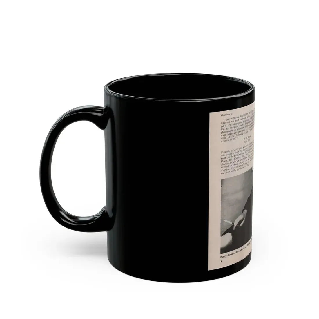 Penny Duncan #09 - [Page 4] American Beauties '53 - 1 Page with, Penny+1 B&W Photo & Article (Vintage Female Icon) Black Coffee Mug - Go Mug Yourself
