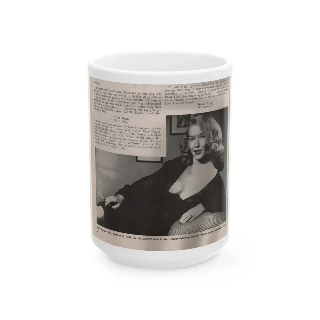 Penny Duncan #09 - [Page 4] American Beauties '53 - 1 Page with, Penny+1 B&W Photo & Article (Vintage Female Icon) White Coffee Mug 15oz - Go Mug Yourself
