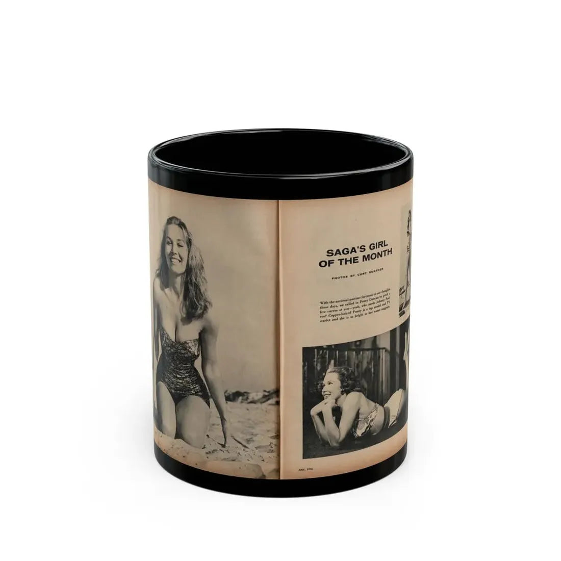 Penny Duncan #21 - [Pages 46 & 47] Pages 1 & 2 of 4 with, Penny+3 B&W Photos, Caption & Article from SAGA Men's Mag. July '56 (Vintage Female Icon) Black Coffee Mug 11oz - Go Mug Yourself