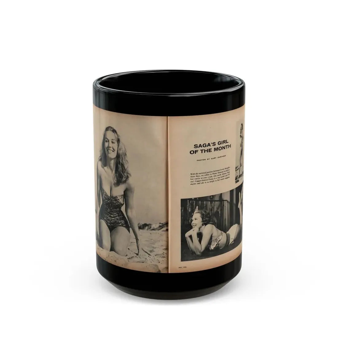 Penny Duncan #21 - [Pages 46 & 47] Pages 1 & 2 of 4 with, Penny+3 B&W Photos, Caption & Article from SAGA Men's Mag. July '56 (Vintage Female Icon) Black Coffee Mug 15oz - Go Mug Yourself