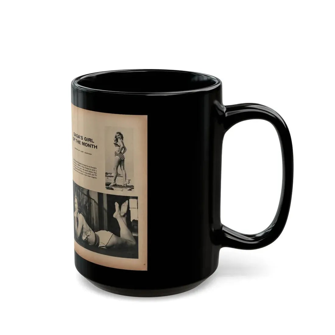 Penny Duncan #21 - [Pages 46 & 47] Pages 1 & 2 of 4 with, Penny+3 B&W Photos, Caption & Article from SAGA Men's Mag. July '56 (Vintage Female Icon) Black Coffee Mug - Go Mug Yourself
