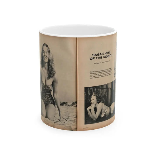 Penny Duncan #21 - [Pages 46 & 47] Pages 1 & 2 of 4 with, Penny+3 B&W Photos, Caption & Article from SAGA Men's Mag. July '56 (Vintage Female Icon) White Coffee Mug 11oz - Go Mug Yourself