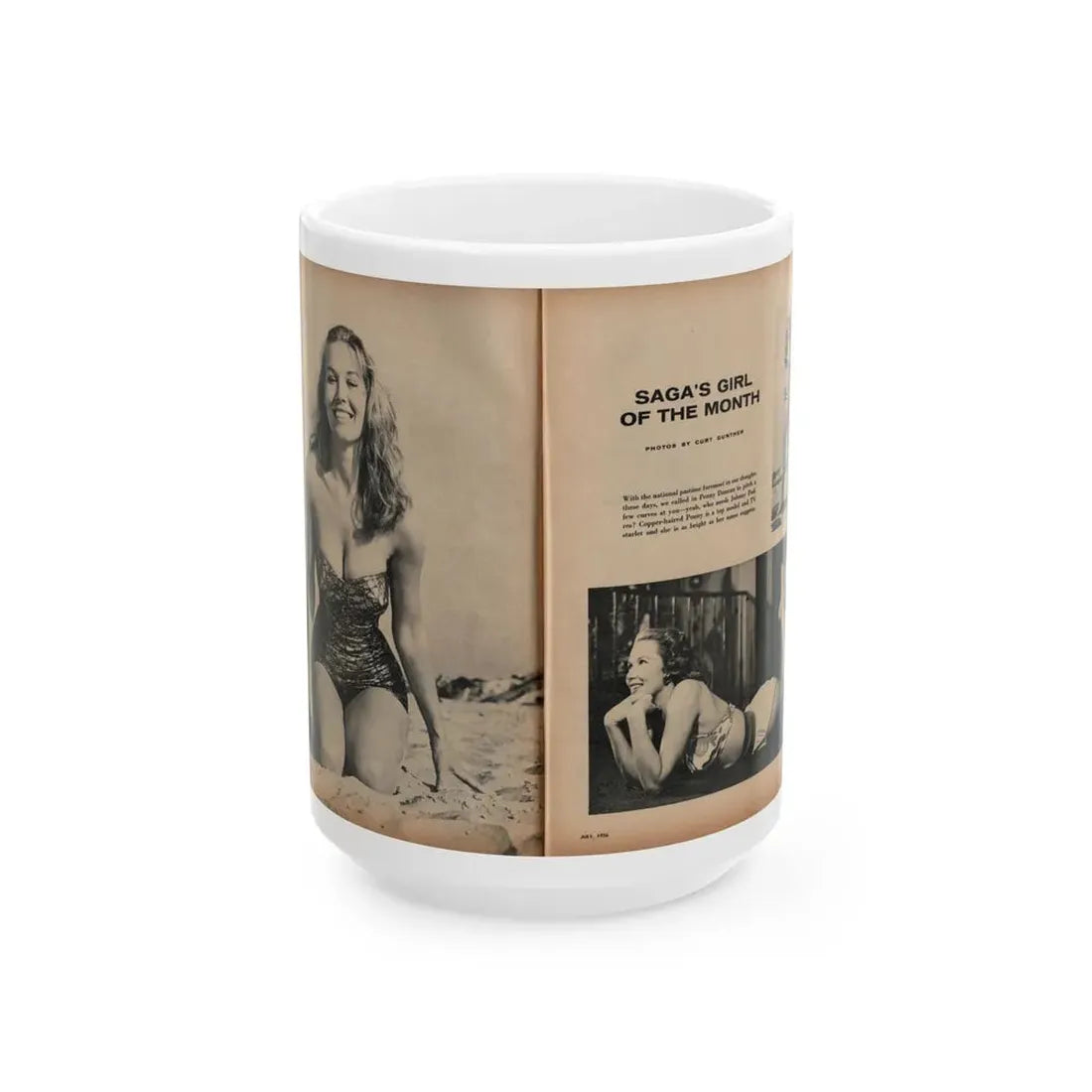 Penny Duncan #21 - [Pages 46 & 47] Pages 1 & 2 of 4 with, Penny+3 B&W Photos, Caption & Article from SAGA Men's Mag. July '56 (Vintage Female Icon) White Coffee Mug 15oz - Go Mug Yourself
