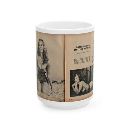 Penny Duncan #21 - [Pages 46 & 47] Pages 1 & 2 of 4 with, Penny+3 B&W Photos, Caption & Article from SAGA Men's Mag. July '56 (Vintage Female Icon) White Coffee Mug 15oz - Go Mug Yourself