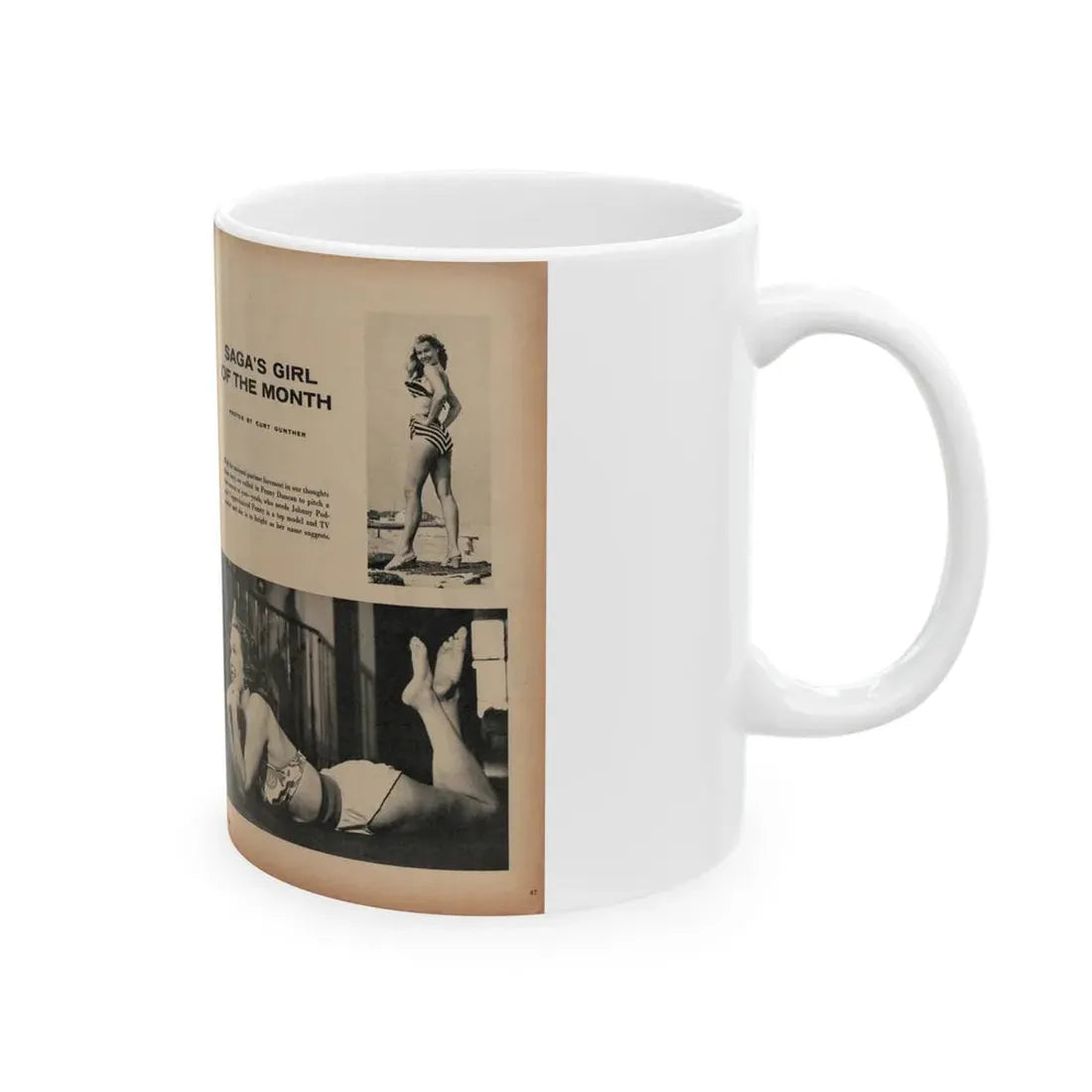 Penny Duncan #21 - [Pages 46 & 47] Pages 1 & 2 of 4 with, Penny+3 B&W Photos, Caption & Article from SAGA Men's Mag. July '56 (Vintage Female Icon) White Coffee Mug - Go Mug Yourself
