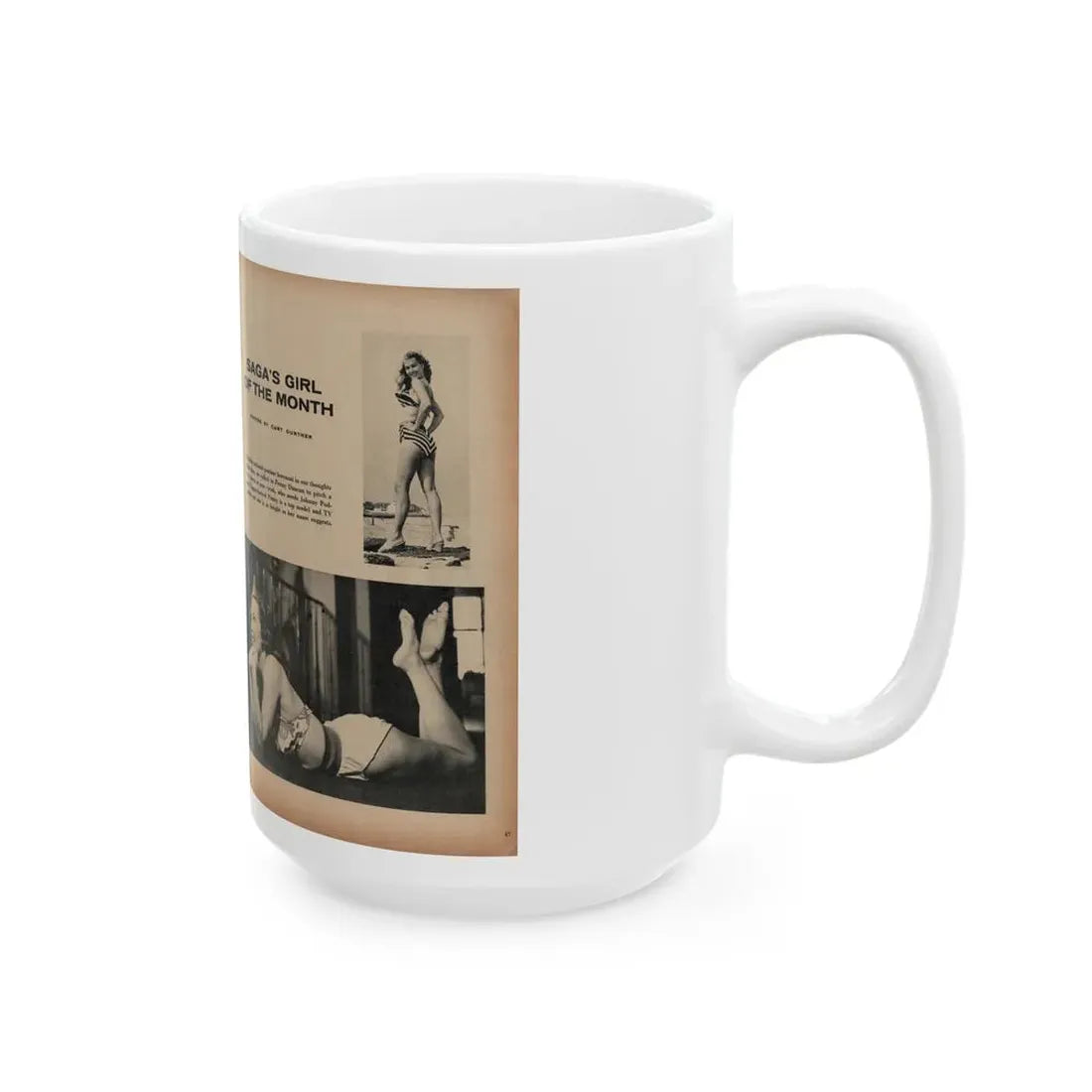 Penny Duncan #21 - [Pages 46 & 47] Pages 1 & 2 of 4 with, Penny+3 B&W Photos, Caption & Article from SAGA Men's Mag. July '56 (Vintage Female Icon) White Coffee Mug - Go Mug Yourself