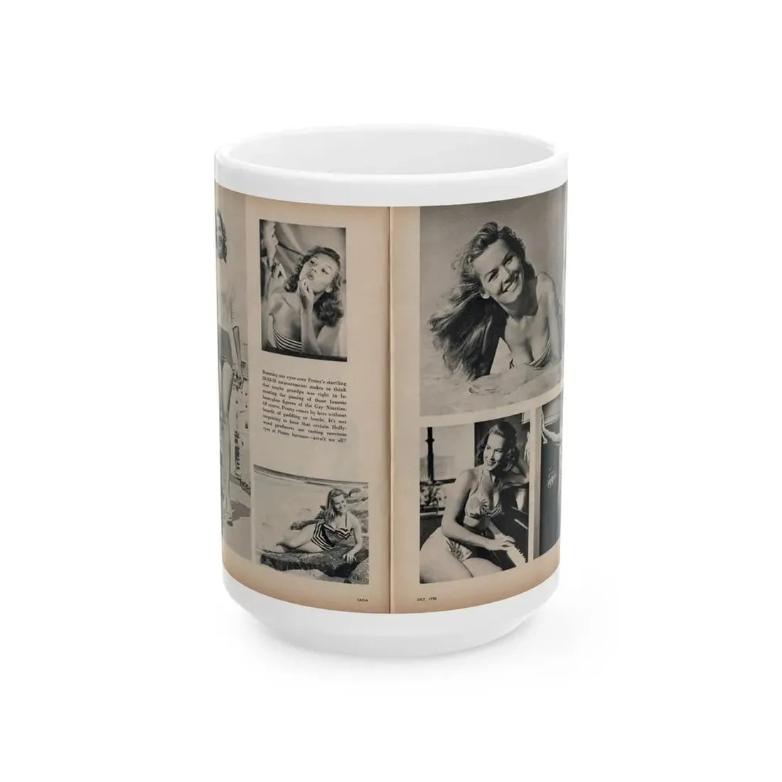 Penny Duncan #21 - [Pages 48 & 49] Pages 3 & 4 of 4 with, Penny+6 B&W Photos & Article from SAGA Men's Mag. July '56 (Vintage Female Icon) White Coffee Mug 15oz - Go Mug Yourself