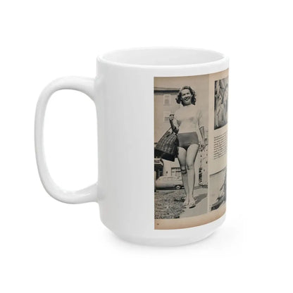 Penny Duncan #21 - [Pages 48 & 49] Pages 3 & 4 of 4 with, Penny+6 B&W Photos & Article from SAGA Men's Mag. July '56 (Vintage Female Icon) White Coffee Mug - Go Mug Yourself