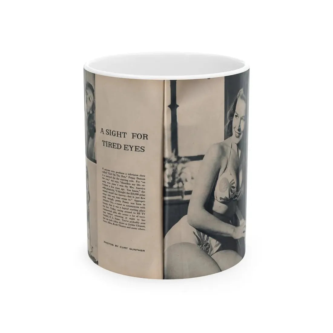 Penny Duncan #23 - [Pages 46 & 47] Pages 1 & 2 of 4 with, Penny+3 B&W Photos, Headline, Article & Caption from Climax Mag. Oct. '59 (Vintage Female Icon) White Coffee Mug 11oz - Go Mug Yourself
