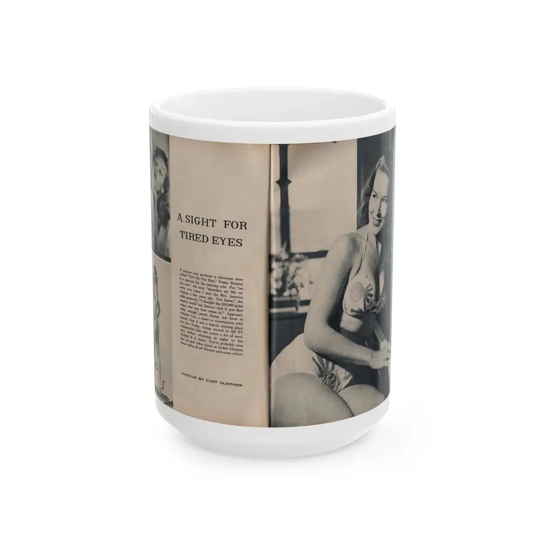 Penny Duncan #23 - [Pages 46 & 47] Pages 1 & 2 of 4 with, Penny+3 B&W Photos, Headline, Article & Caption from Climax Mag. Oct. '59 (Vintage Female Icon) White Coffee Mug 15oz - Go Mug Yourself