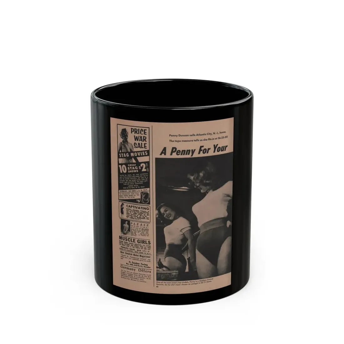 Penny Duncan #29 - Play Mag. 9-4-59 - 1 B&W Photo, Add & Caption1 (Vintage Female Icon) Black Coffee Mug 11oz - Go Mug Yourself