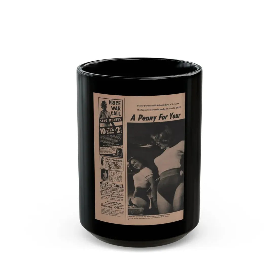 Penny Duncan #29 - Play Mag. 9-4-59 - 1 B&W Photo, Add & Caption1 (Vintage Female Icon) Black Coffee Mug 15oz - Go Mug Yourself