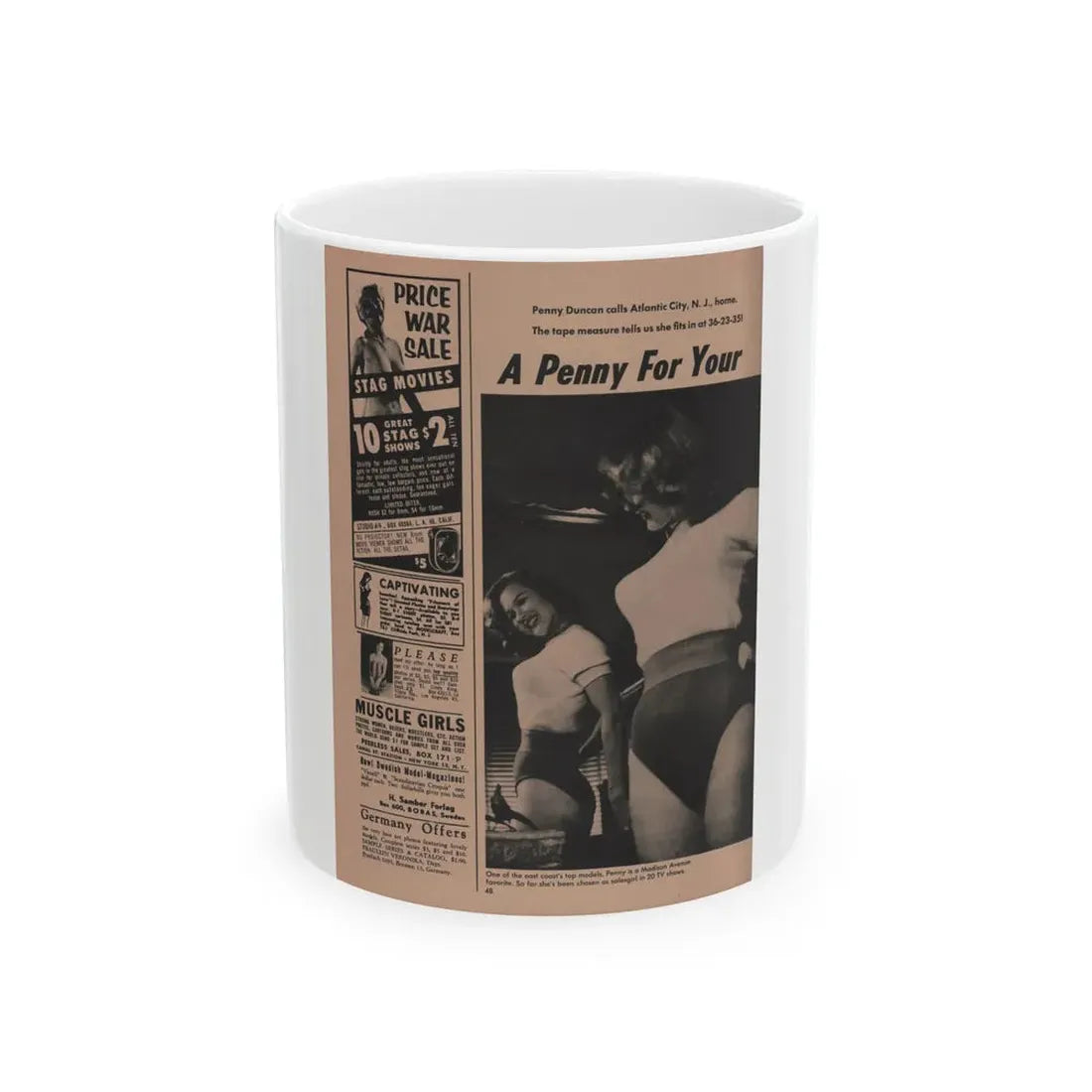 Penny Duncan #29 - Play Mag. 9-4-59 - 1 B&W Photo, Add & Caption1 (Vintage Female Icon) White Coffee Mug 11oz - Go Mug Yourself
