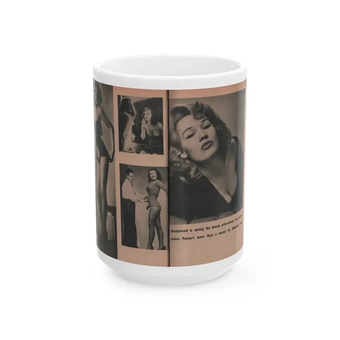 Penny Duncan #35 - [Pages 40 & 41] Pages 6 & 7 of 8 with, Penny+5 B&W Photos & 1 Caption from EYE Digest Mag. March '54 (Vintage Female Icon) White Coffee Mug 15oz - Go Mug Yourself