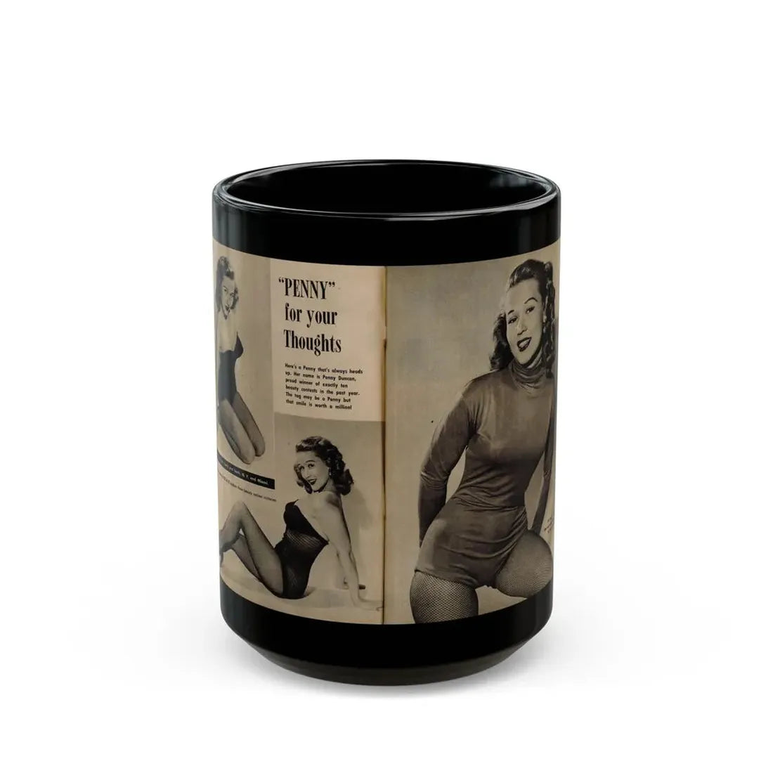 Penny Duncan #45 - [Pages 4 & 5] Pages 1 & 2 of 2 with, Penny+2 B&W Photos, Captions & Short Snippet from GALA Mag. Sept. '52 (Vintage Female Icon) Black Coffee Mug 15oz - Go Mug Yourself