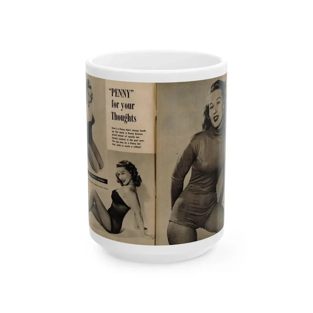 Penny Duncan #45 - [Pages 4 & 5] Pages 1 & 2 of 2 with, Penny+2 B&W Photos, Captions & Short Snippet from GALA Mag. Sept. '52 (Vintage Female Icon) White Coffee Mug 15oz - Go Mug Yourself