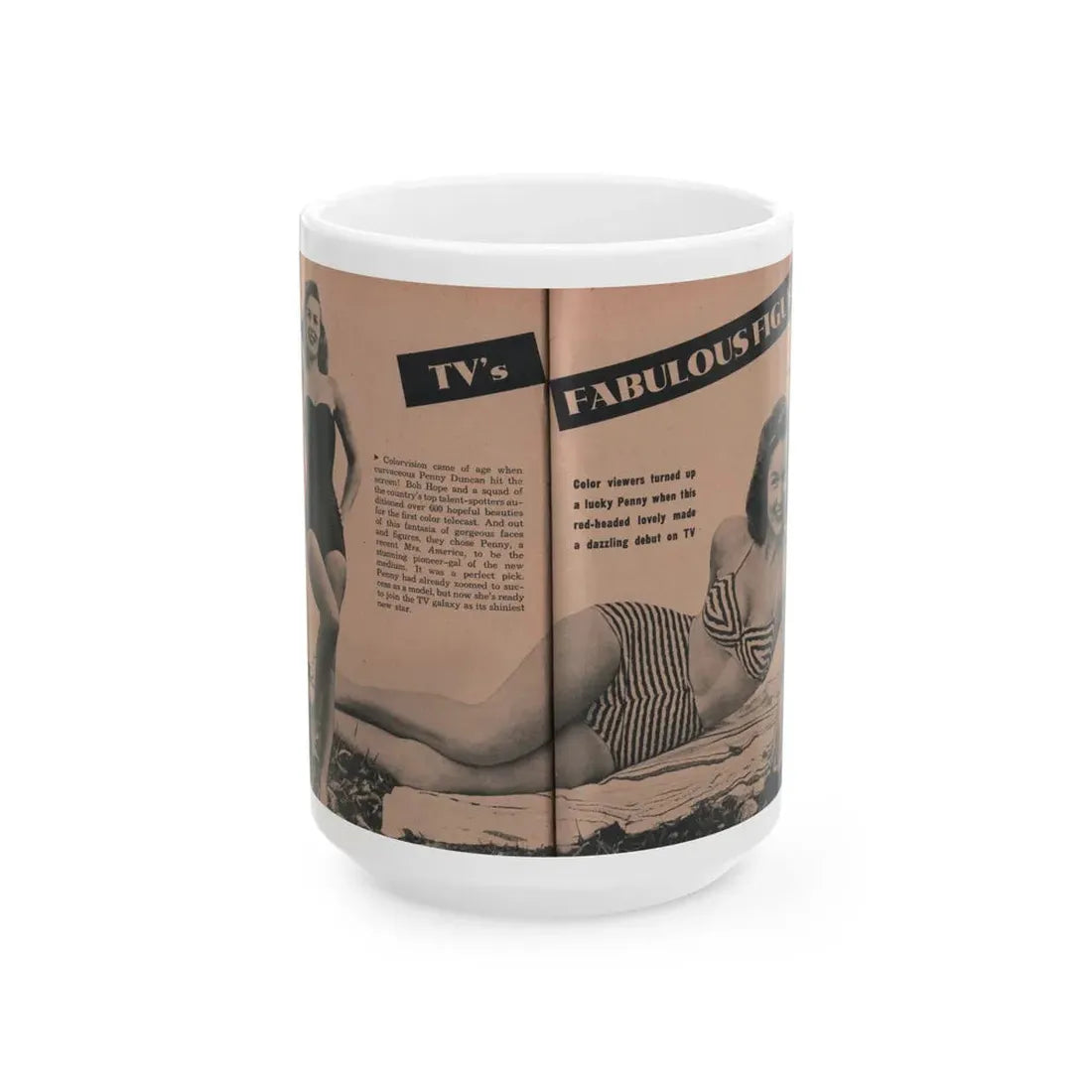 Penny Duncan #49 - [Pages 32 & 33] Pages 1 & 2 of 7 with, 2 B&W Photos, Caption & Info from PHOTO Digest Mag. May '54 (Vintage Female Icon) White Coffee Mug 15oz - Go Mug Yourself