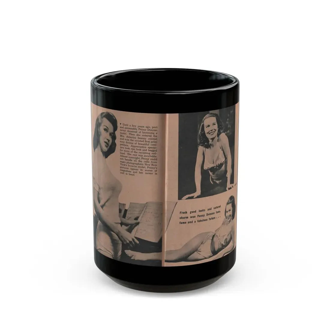 Penny Duncan #55 - [Pages 84 & 85] Pages 2 & 3 of 8 with, Penny+3 B&W Photos, Paragraph & Caption from BRIEF Digest Mag. March '55 (Vintage Female Icon) Black Coffee Mug 15oz - Go Mug Yourself