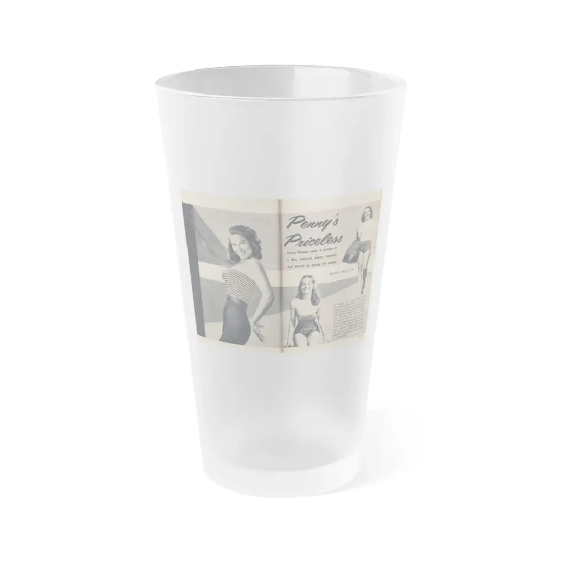Penny Duncan #64 - [Pages 74 & 75] Pages 1 & 2 of 7 Featuring, Penny+3 B&W Photos, Headline & Caption on from BRIEF Digest Mag. Jan. '55 (Vintage Female Icon) Frosted Pint Glass 16oz 16oz Frosted - Go Mug Yourself