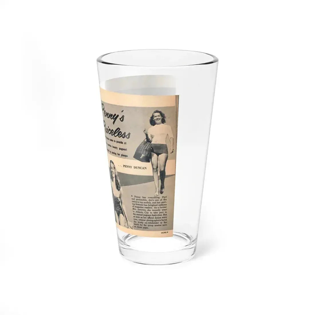 Penny Duncan #64 - [Pages 74 & 75] Pages 1 & 2 of 7 Featuring, Penny+3 B&W Photos, Headline & Caption on from BRIEF Digest Mag. Jan. '55 (Vintage Female Icon) Pint Glass 16oz - Go Mug Yourself