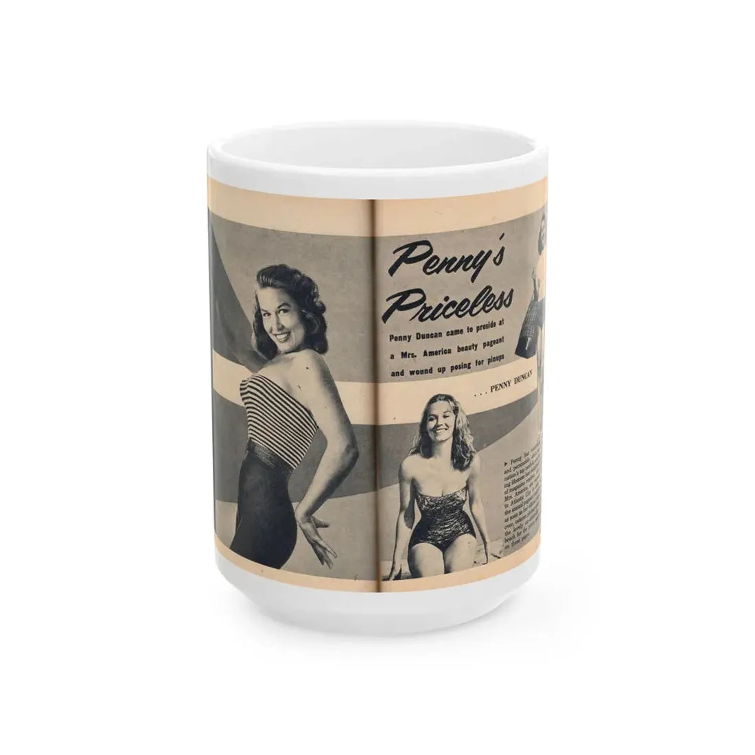 Penny Duncan #64 - [Pages 74 & 75] Pages 1 & 2 of 7 Featuring, Penny+3 B&W Photos, Headline & Caption on from BRIEF Digest Mag. Jan. '55 (Vintage Female Icon) White Coffee Mug 15oz - Go Mug Yourself