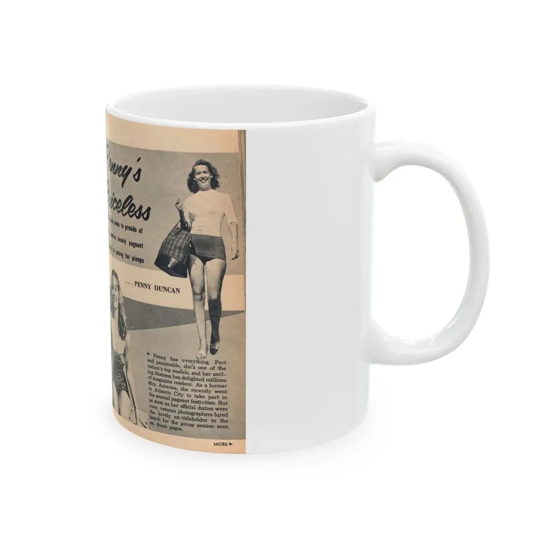 Penny Duncan #64 - [Pages 74 & 75] Pages 1 & 2 of 7 Featuring, Penny+3 B&W Photos, Headline & Caption on from BRIEF Digest Mag. Jan. '55 (Vintage Female Icon) White Coffee Mug - Go Mug Yourself