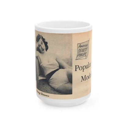 Penny Duncan #69 - 1 Page & 1 B&W Photo of Penny from EYE Digest Mag. Nov. '54 Featuring 25 of America's Sexiest Pin-Ups Section (Vintage Female Icon) White Coffee Mug 15oz - Go Mug Yourself