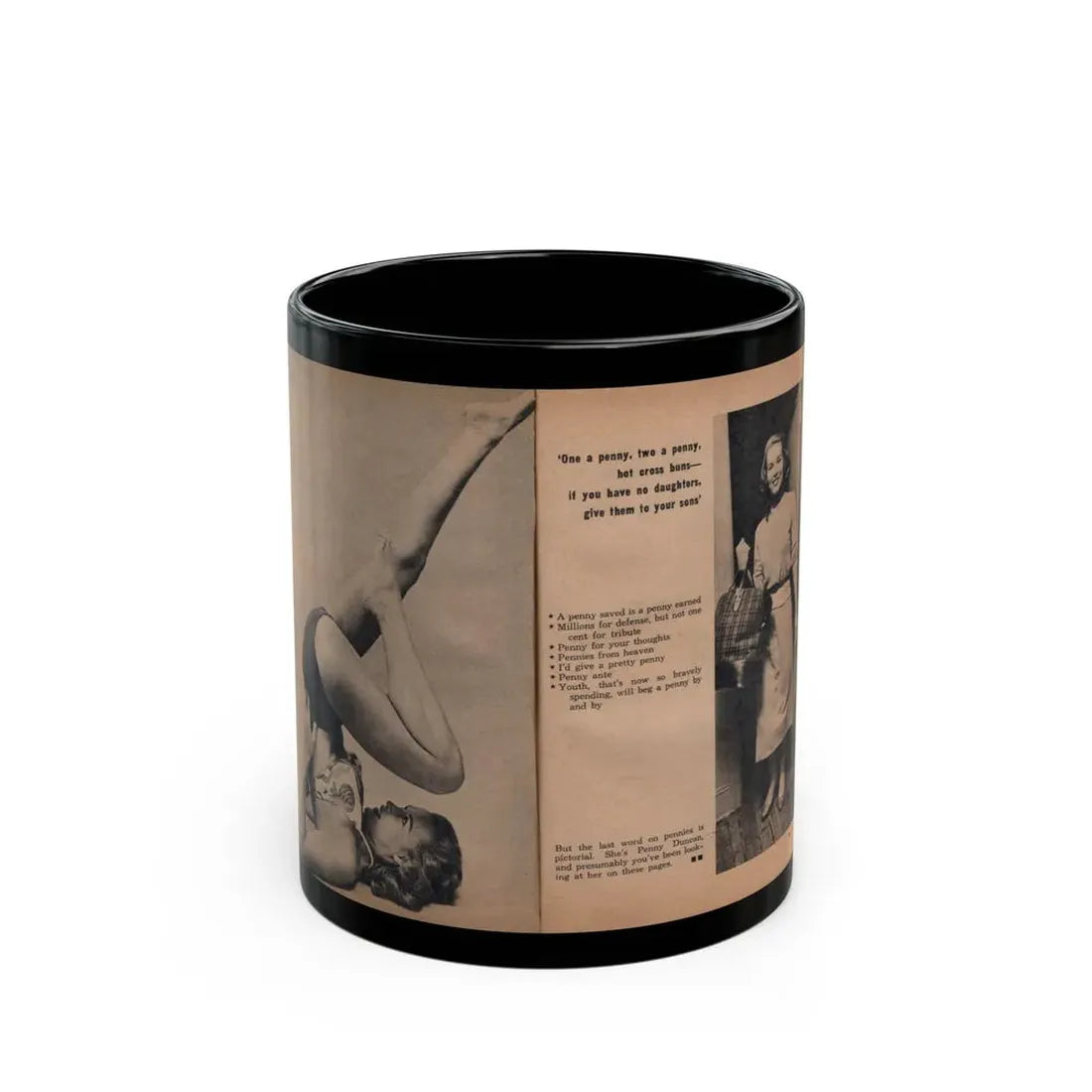 Penny Duncan #75 - [Pages 72 & 73] Featuring, Penny 2 Photos, 2 Captions & Brief Article from EYE Digest Mag. April '56 (Vintage Female Icon) Black Coffee Mug 11oz - Go Mug Yourself
