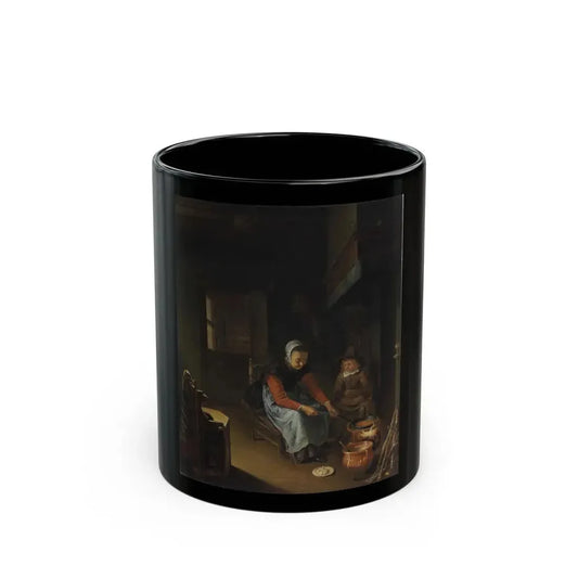 Pieter van Slingeland (1640-1691) A woman cooking pancakes with a young boy before a hearth - Oil on Pan-0 - Black Coffee Mug 11oz - Go Mug Yourself