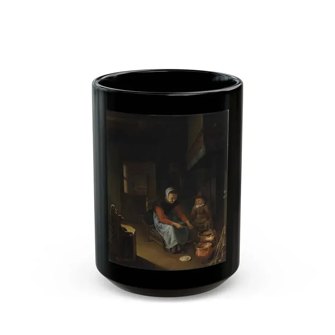 Pieter van Slingeland (1640-1691) A woman cooking pancakes with a young boy before a hearth - Oil on Pan-0 - Black Coffee Mug 15oz - Go Mug Yourself