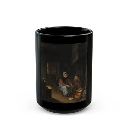 Pieter van Slingeland (1640-1691) A woman cooking pancakes with a young boy before a hearth - Oil on Pan-0 - Black Coffee Mug 15oz - Go Mug Yourself