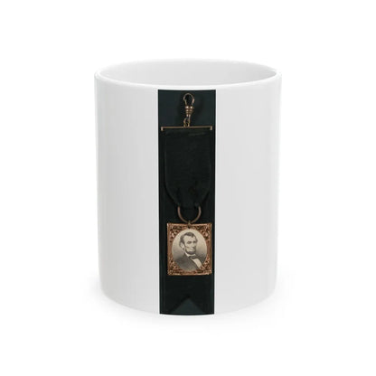 Portrait Of Abraham Lincoln Attached To Black Ribbon (U.S. Civil War) White Coffee Mug-11oz-Go Mug Yourself