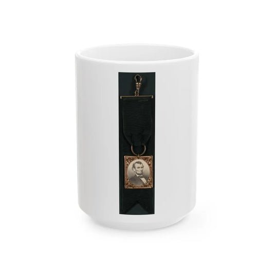 Portrait Of Abraham Lincoln Attached To Black Ribbon (U.S. Civil War) White Coffee Mug-15oz-Go Mug Yourself