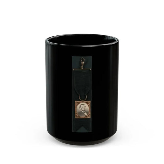 Portrait Of Abraham Lincoln Attached To Black Ribbon (U.S. Civil War) Black Coffee Mug 15oz - Go Mug Yourself
