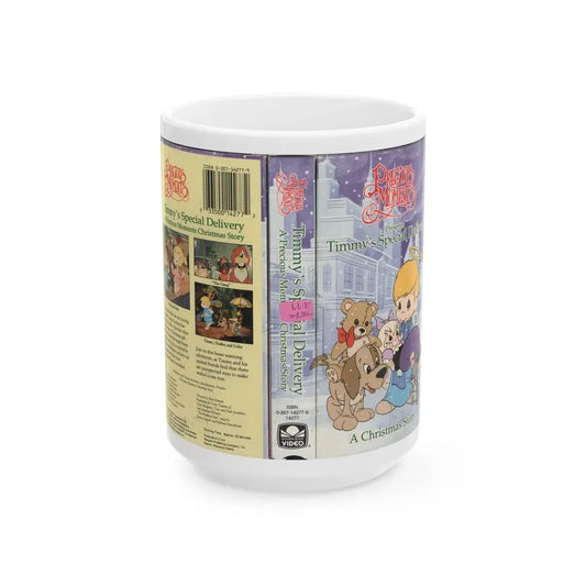 PRECIOUS MOMENTS PRESENTS TIMMYS SPECIAL DELIVERY (VHS COVER) - White Coffee Mug 15oz - Go Mug Yourself