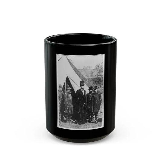 President Abraham Lincoln Posed With Union Officers And Soldiers During His Visit To Antietam, Maryland, October 3, 1862 (U.S. Civil War) Black Coffee Mug 15oz - Go Mug Yourself