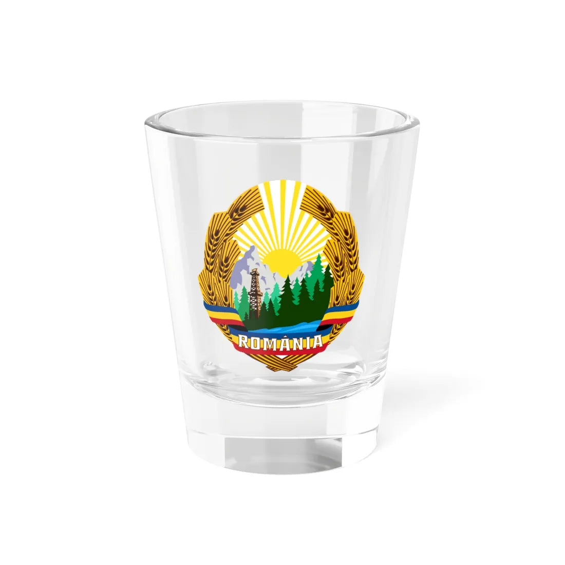 Presumed Emblem of Romania 1989-1992 (Oman) (Coat of Arms) Shot Glass 1.5oz 1.5oz - Go Mug Yourself