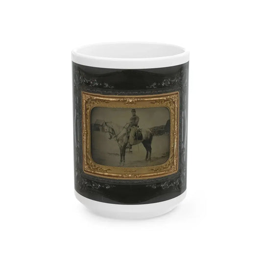 Private Levi F. Hocker Of Co. F, 17th Pennsylvania Cavalry Regiment, In Uniform With Pistol And Sword, On Horseback (U.S. Civil War) White Coffee Mug 15oz - Go Mug Yourself