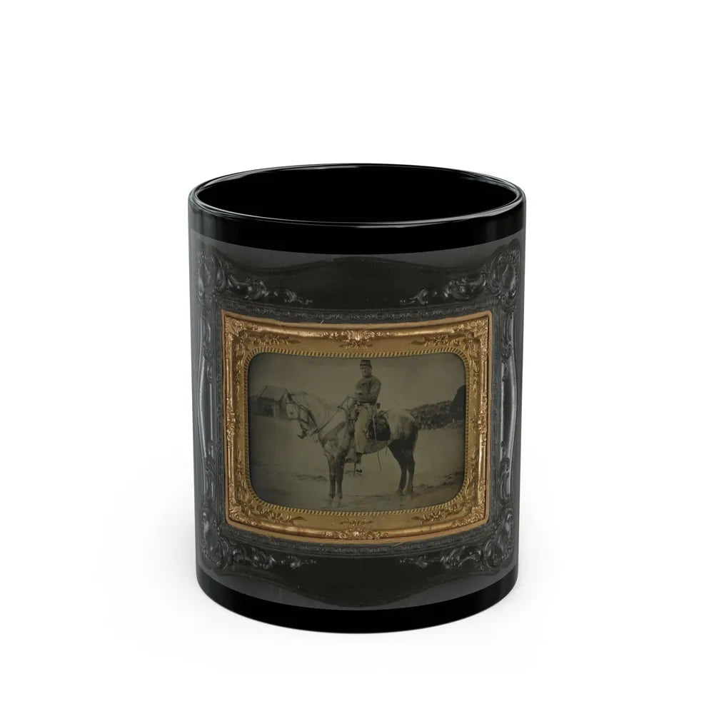 Private Levi F. Hocker Of Co. F, 17th Pennsylvania Cavalry Regiment, In Uniform With Pistol And Sword, On Horseback (U.S. Civil War) Black Coffee Mug-11oz-Go Mug Yourself