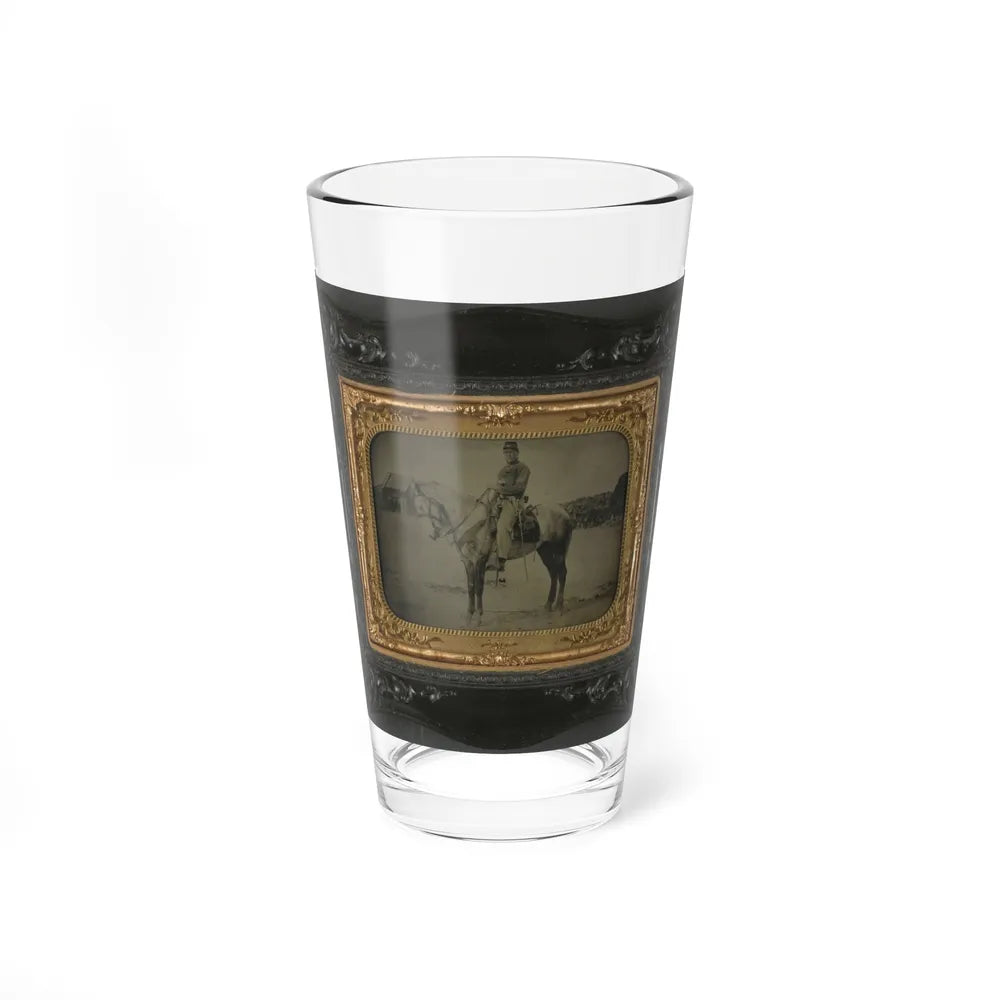 Private Levi F. Hocker Of Co. F, 17th Pennsylvania Cavalry Regiment, In Uniform With Pistol And Sword, On Horseback (U.S. Civil War) Pint Glass 16oz-16oz-Go Mug Yourself