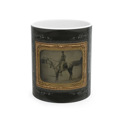 Private Levi F. Hocker Of Co. F, 17th Pennsylvania Cavalry Regiment, In Uniform With Pistol And Sword, On Horseback (U.S. Civil War) White Coffee Mug-11oz-Go Mug Yourself