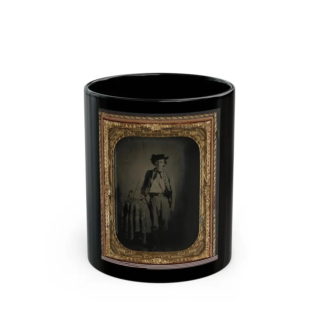 Private Lucien Love Of Co. D, 43rd Virginia Cavalry Battalion, In Uniform With Sword (U.S. Civil War) Black Coffee Mug 11oz - Go Mug Yourself